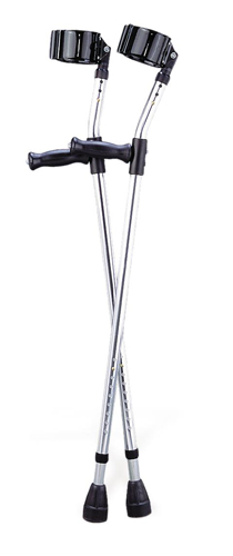 Crutches - Forearm * Telescoping parts are manufactured with internal bushings and external lock nuts to provide totally silent usage. * Vinyl-coated, tapered, contoured arm cuffs mold to user for extra comfort. * Heavy-wall, high strength aluminum tubing. * Black components hide signs of wear and scratches.