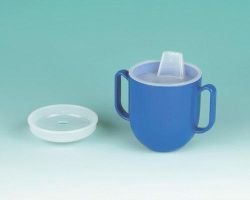 Drinking Aids Two-handled cup with weighted base and rounded corners is ideal for pediatric use * It is self-righting even when released from a lying position * It comes with a clear plastic, dish-shaped lid with two holes to let fluid flow into the dish for drinking * Another lid has a molded plastic * mouthpiece * Top shelf dishwasher safe * Has 6 1/2? oz. (192 mL) capacity * Spill proof *
