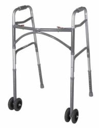 Walkers - Two Button Walker with wheels * For adult Bariatric use * Wider and deeper frame design accommodates individuals up to 500 lbs * Vinyl contoured hand grip * Precision design provides additional strength while adding minimal weight * Includes rear glide caps, (item #1085B) allowing use on all surfaces.* Limited Lifetime Warranty * Width (Inside Hand Grips) 20