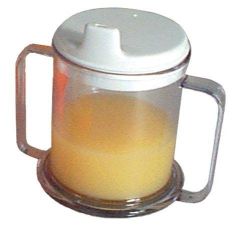 Drinking Aids 10 oz capacity * This crystal clear plastic mug has double handles to make drinking safer and easier for people with a weak grasp or a tremor * The handles will accommodate four adult fingers and the lid has a drinking spout to prevent spills * Wide base to resist tipping * Dishwashing safe and microwaveable *