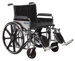 Wheelchairs - X-Wide Carbon steel frame with TRIPLE coated chrome for an attractive, chip-proof, maintainable finish * Reinforced steel gussets at all weight bearing points provide additional strength * Durable, heavy gauge, reinforced naugahyde upholstery * Padded armrests provide added patient comfort * Composite Mag-style wheels with chrome hand rim are lightweight and maintenance free * Dual position front fork * Dual position front frame * Comes standard with carry pocket on back rest * Precision sealed wheel bearings in front and rear ensure long lasting performance and reliability * Aluminum footplates are attractive, crack-proof and lightweight * 