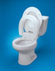 Raised Toilet Seat Standard * Unique hinged design allows it to be raised and lowered like a regular toilet seat * Uses existing toilet seat and lid * Offers all the comfort and convenience of an elevated toilet seats, but with a hinged benefit * This model features a seat riser made of two parts that are hinged together, allowing the ring to be lifted in the same manner as a regular toilet seat * The seat is installed using the existing toilet seat and lid and doesn?t change the appearance of the toilet * It elevates the seating position by 4? for easy sitting and rising * The hinged feature makes cleaning as easy as 1-2-3 * Hardware kit included * Weight capacity is 300 Lbs *