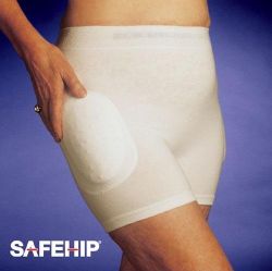 Hip Kits/Protectors The hard but flexible shields of the hip protectors cover and protect the neck of the femur * Features a simple, comfortable, discreet pair of pants made of white cotton and lycra * Machine washable * Mens style features a fly opening while the womens style has a lacy waist and leg band * Fits waist size 26