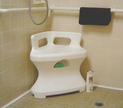 Bath& Shower Chair/Accessories Conveniently fits into the corner of a shower stall and provides a safe, comfortable seat for people who have difficulty standing for long periods of time * A built-in compartment in the front can be used to hold soap and a wash cloth * Easy to maintain and keep clean *
Durable and rust proof * Weighs approximately 15 Lbs * Weight capacity - 300 Lbs * Overall height 22