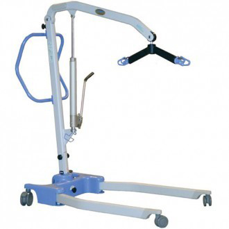 Patient Lifters, Slings, Parts Oversized handle for increased control * Patent pending push footpad reduces the force needed to initiate movement * Compact design * Swan neck leg design allows lift to get closer to large furniture * No tools required to fold * Patent pending triangular folded design allows the lift to securely stand unaided * All aluminum construction * Foot operated leg speading mechanism requires no bending to operate * Choice of electric power or hydraulic
operation * Sling not included * 2 Year Warranty * 340 lb patient capacity *