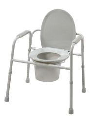 Bedside Commodes Assembled * 300 pound weight capacity * All-in-one commode reduces the number of items carried * Durable, plastic snap-on seat with lid * Adjustable legs allow the seat to be raised or lowered in 1-inch increments from 16.5