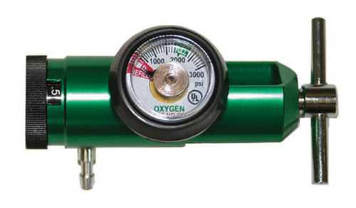 Oxygen Regulators STANDARD SIZE D/E CYLINDERS (BARB OUTLET) * 0-15 LPM * High strength lightweight aluminum alloy body with all brass core * Green * CGA 870 yoke and CGA 540 nut & nipple * 6 year warranty * Click style and easy to read flow rates * Laser etched: no labels to come off * Protected contents, gauge * Ribbed flow selector for better grip * Viton rubber yoke seal with brass ring *