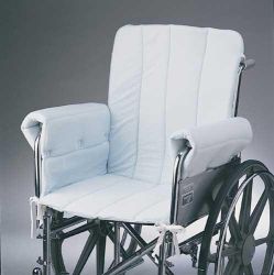 Cushions - Foam Fits standard wheelchairs * Soft cotton / poly fabric on one side with water resistant nylon on the other * Fabric ties prevent pillow from slipping out of chair * Protects back, arms and vulnerable lower areas of the body * Fully washable and reversable *