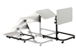 Overbed Tables No assembly required * The mast of the table pivots and can be locked in onof the 3 positions from flat on the floor to 90 degrees * The pivot feature allows the table top to be positioned closer to individuals in a bed, sitting in a wheelchair or folded for storage * The table top tilts with the angle of the mast * 4(ea) 2