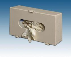Glove Box Holder Holds one box , snap closure * Accommodates varied size boxes * Has mounting holes built in * Beige plastic * 11 3/4