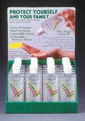 Skin Preps & Cleaner 20 Piece Counter Display * Includes 20 of the 4oz bottles * Citrus II Instant Hand Sanitizing Lotion is a moisture-rich gel that kills 99.99% of most common disease-causing germs on the hands in seconds * Citrus II is ideal to use when soap and water hand washing is not available * For extra safety, it should be used after hand-washing to kill any remaining germs * Works in 15 seconds * Kills 99.99% of most common disease-causing germs * No water or towels needed * Non-toxic - leaves no harmful residue * Leaves hands soft and refreshed * So gentle, repeated use will not dry skin * Fresh, clean citrus fragrance *