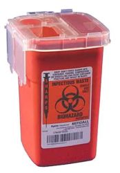 Sharps-A-Gator Dispo This one-quart (1 Quart) sharps container is designed for safety, convenience and quality * Two separate openings in the lid allow for safe disposal of needles and syringes * This is a great container for diabetics or phlebotomists * Individual lids can be temporarily closed when the container is not in use * The container also features a universal needle key that provides safe, one-handed removal and disposal of needles from phlebotomy devices * Once the container has been filled, the lids can be permanently locked for safe disposal * Size: 4