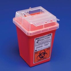 Sharps-A-Gator Dispo COUNTER TOP UNITS * 2 GALLON * Positive lock meets CDC, EPA, JCAH and OSHA guidelines * Clear top for viewing * Autoclavable and incinerable * A positive lock secures opening in closed position yielding maximum protection *
*5 1/2