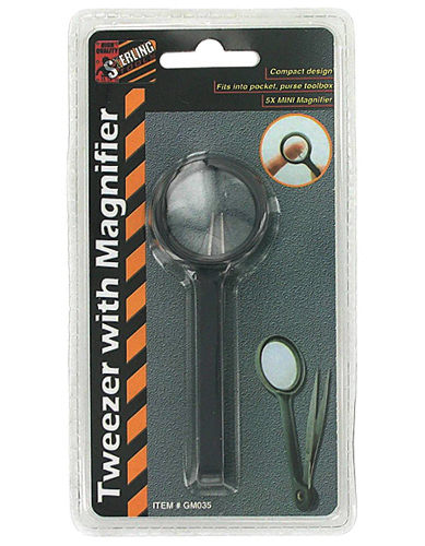 Instruments - Forcep This magnifier and tweezer combination is a compact design for easy storage in a purse or pocket * Made of plastic and steel, will magnify up to 5X * Folded it is 4