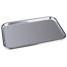 Eating Aids * Stainless Steel finish provides an easily washable surface
* Beveled edges prevent food or drink from sliding off tray