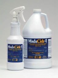 Disinfectants - Hard 32 oz. spray bottle, Each * Alcohol-Free disinfectant/cleaner * Another effective product in the fight for Infection Control by Mada, without the need for alcohol * Broad Spectrum Activity (Contact time of 10 minutes on inanimate surfaces * Kills Mycobacterium tuberculosis (BCG), Canine Parvovirus, Poliovirus 1, HIV-1 (Aids) * Plus kills Fungicidal, Pseudomonacidal, Virucidal, Bactericidal, Tuberculocidal * Stability - 12 months after opening with bottle cap replaced after each use * MadaCide-1 is a non-volatile solution and will not air dry * Users must wipe all surfaces dry after 10 minute wet exposure time, or reactions with plastic surfaces and plastic products may occur *