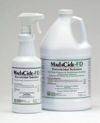 Disinfectants - Hard 32 oz. Spray Bottle * One Step Infection Control Spray?Air Dry * A Safe Effective Alcohol Based Broad Spectrum Formula * MadaCide-FD is EPA registered assuring that all performance claims stated on the label are accurate and verifiable * It is Fungicidal, Pseudomonacidal, Virucidal, Bactericidal and Tuberculocidal * Hard surfaces in Surgery, Recovery, Anesthesia, X-Ray, Cath. Lab, E.R., Orthopedics, Newborn Nursery, Respiratory Therapy, Radiology, Central Supply, Ultrasonic Cleaners
* Effective Against *
Kills Herpes Simplex II (causative agent of genital herpes) and Influenza Strain A2/HK in 30 seconds * Kills HIV-1 (AIDS Virus) on pre-cleaned environmental surfaces or objects previously soiled with blood or body fluids in 30 seconds * Kills Hepatitis B Virus (DHBV), Polio I Virus, Pseudomonas Aeruginosa, Rhinovirus, Salmonella Choleraesuis and Staphylococcus Aureus in 3 minutes * Kills Rhinovirus in 3 minutes * Kills Aspergillus Niger, Candida Albicans, Vancomycin-Resistant Enterococcus Faecalis (VRE), Canine Parvovirus and Trichophyton Mentagrophytes in 5 minutes * Kills Mycobacterium Bovis BCG (Tuberculosis) in 6 minutes at 20O C * Kills Klebsiella Pneumoniae in 10 minutes *