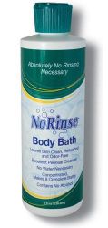 Rinse Free Soap & Shampoo 8 oz bottle * Concentrated basin bath solution * No need to remove patient from bed * Mild formula will not dry skin * Reduces linen and labor costs when compared to basin bath * Easy to use: Fill basin with warm water, add four capfuls of Body Bath, wet cloth with solution, wipe body area and towel dry *