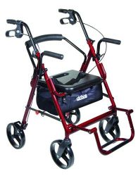 Rollators Burgundy * Combines the features of a transport chair and rollator so an individual can ambulate by themselves or be pushed by a caregiver * The two position paddded contoured back rest can be attached to the front or the back provides maximum comfort and convenience * Weighs only 19 lbs *Ships in small retail box * Large 8 * casters are ideal for indoor and outdoor use * Easy release loop locks * Comes with carry pouch * Seat lock prevents the Duet from accidentally folding * The Duet comes with two set of spacers to raise or lower the seat height * The foot rest folds down when used as a transport chair and folds up and out of the way when used as a rollator * Comes with seat belt * Comfortable padded seat * Limited Lifetime Warranty *