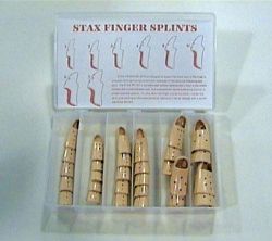 Finger Splints Designed to support the distal joint of the finger in extension while permitting movement of the proximal interphalangeal joint * Kit includes an assortment of 30 STAX splints, packaged in an attractive storage container * Kit contains four each sizes 1,2,3; five each size 4; four each sizes 5, 5-1/2, 6; one each size 7 Shipping Carton Size: 12