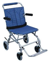 Wheelchair - Transpo Silver Frame and Blue Upholstery * Padded, flip back armrests * Weighs only 18 lbs * Easy to push or transport * Aluminum frame is lightweight and strong * Composite wheels are lightweight and maintenance free * Folds like a conventional folding chair for added convenience * Comes with carry bag * Fold down footrests * Standard rear wheel locks * Attractive frame with durable, lightweight nylon upholstery * Weight capacity 300 lbs * Limited Lifetime Warranty *