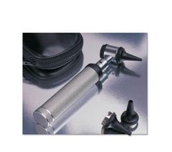 Diagnostics Standard Otoscope * An affordable otoscope that offers high
quality optics and workmanship * German 2.5V lamp for bright illumination * Bayonet locking otoscope head * Removable 4x magnifying lens * Rheostatic on/off switch * Autoclavable, polypropylene ear specula in sizes 2.5mm, 3.5mm, and 4.5mm * Veterinary model includes 4mm, 5mm, and 7mm specula sizes * Knurled brass handle with a beautiful satin finish * Compact instrument measures just under 7 1/2? and weighs approximately 7 oz * Powered by 2 
