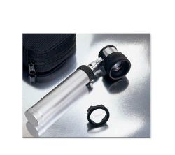 Diagnostics Skin surface microscope for detecting lesions * Bright 2.5v halogen illumination and 10x optic system insure true tissue color for
accurate identification * Removable contact plate is auto-clavable * Large knurled focusing ring * Comfortable soft synthetic rubber eyepiece * Reticle contact plate etched onto the lens in mm permits easy measurement of suspicious lesions * Instrument head with Bayonet locking mount for secure connection to the battery handle *