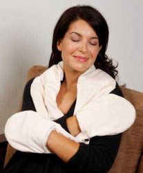Heating Pads Specially designed neck and hand pouches warm in minutes (microwave) * ThermaTherapyTM moist heat penetrates deeply to target aches, pains, tension or arthritis in chronic problem areas - neck, shoulders and hands * Luxurious and soft, wrap comfortably envelopes the neck, and hands can slip into warm pockets for indulgent therapy * Unique design allows you to sooth
additional areas with the warming hand pouches * Lasts up to an hour and can be used over and over * Plush velvety cover is removable and washable * Filled with 100% all natural ingredients *