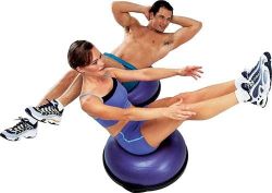 Arm/Leg Exercisers Improves ankle strength, range of motion & helps prevent injuries * Develops balance & co-cordination * Bosu ball comes with DVD & 120 page training manual * Great addition to home gym * Inflation pump included * 65cm Diameter x 10