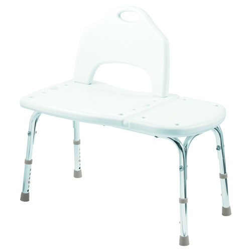 Transfer Benches Glacier finish for a bright, pure white look * Limited lifetime warranty *
Sturdy, no-wobble design * Non-slip seat surface with built in drainage system * Split-seat design allows shower curtain to tuck in and keeps water from leaking * Adjustable height from 17