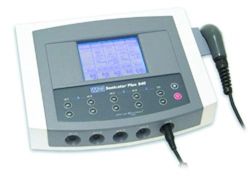 Comb. Ultrasound & Muscle Stim Applicator / 0.9 cm?, 1/3 MHz * The microprocessor-controlled Sonicator Plus 940 is a four channel combination unit * It combines 1 and 3 MHz ultrasound with eight treatment waveforms: Interferential, Premodulated, Medium Frequency (Russian), EMS, High Volt, TENS, Microcurrent and Direct Current (DC). All waveforms are available on all four channels * A dual-frequency 5.5 cm?, 1/3 MHz
applicator comes standard with the unit * The membrane panel and back-lit LCD touch panel allow the clinician to quickly set up treatment parameters * There are 61 preset programs and space for 80 user-defined programs * An optional 0.9 cm? dual-frequency
applicator is available * Weight: 11 pounds, (5 kg) * Dimensions: 4.9