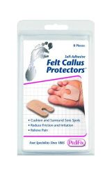 Callous, Corn & Wart Removers * Relieve Pressure Areas
* One Size Fits All
* 8/Pkg * Relieves pressure areas
* Comforts and protects calluses, blisters and other foot irritations
* They absorb pressure and friction to ease pain and help prevent callus build-up
* Self-adhesive backings allow them to be positioned on skin or inside shoes
* Trimmable Shipping Carton Size: 9