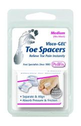 Toe Spreader & Separators * These soft gel spacers are worn between the big and second toes to prevent rubbing
* They help align and straighten the big toe to rlieve pressure on bunions
* Exclusive gel releases mineral oil to soothe and moisturize skin
* Interchangeable for left or right foot