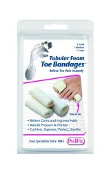 Toe Immobilizer Tubular-Foam Toe Bandages relieve corns, ingrown nails, and other irritations by surrounding and protecting toes with soft, cotton-lined foam * They also cushion and separate toes that rub while reducing pressure and friction * Bandages compress to fit comfortably in shoes * Make shoes more comfortable * Align crooked, overlapping toes * Scissor-trimmable for a custom fit * Each package contains three 3-inch long bandages *