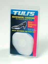 Metarsal Cushions & Pads One Size Fits Most 1 Pr./Pkg * Tuli?s? Gel Metatarsal Cushions ease ball-of-foot pain and help prevent calluses by absorbing shock and reducing friction, particularly in thin-soled footwear * They have a lightweight solid-gel construction and feature a patented