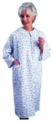 Reusable Patient Exam Gowns 4-14 * Soft 100% cotton flannel * Fitted bodice, long sleeves, pocket and Peter Pan collar * Snap closures * One gown per package * Pink & Blue Floral *
